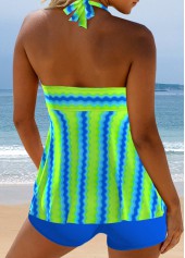 Wave Pattern Print Surplice Neon Green Tankini Set