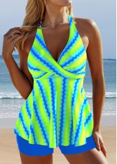 Wave Pattern Print Surplice Neon Green Tankini Set