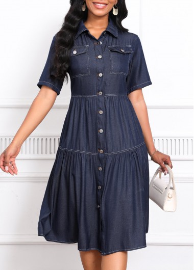 Pocket Denim Blue Short Sleeve Turn Down Collar Dress 43$