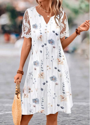 Floral Print Lace White A Line Short Sleeve Dress