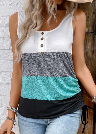 Striped Button Multi Color Sleeveless Scoop Neck Tank Top 29$
