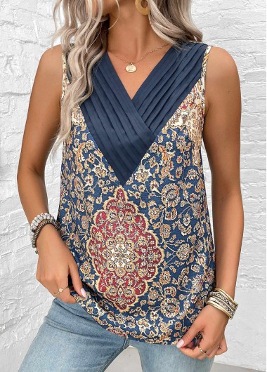 Tribal Print Patchwork Blue Sleeveless V Neck Tank Top