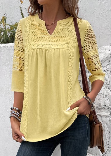 Patchwork Light Yellow 3/4 Sleeve Split Neck Blouse