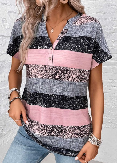 Plus Size Grey Button Striped Short Sleeve Blouse 31$