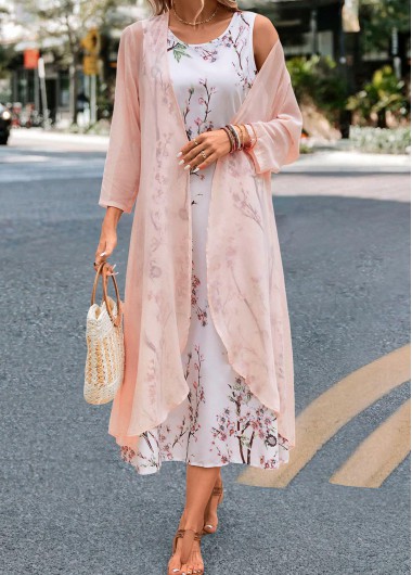 Plus Size Floral Print Pink Maxi Dress and Cardigan