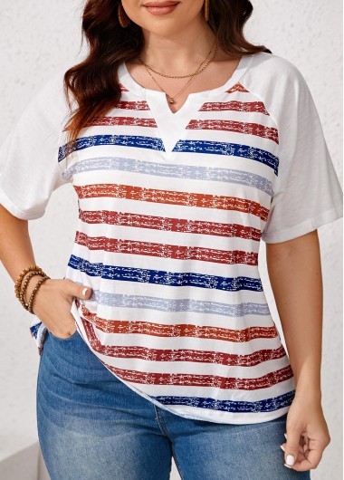 White Plus Size Split Striped Short Sleeve T Shirt 28$