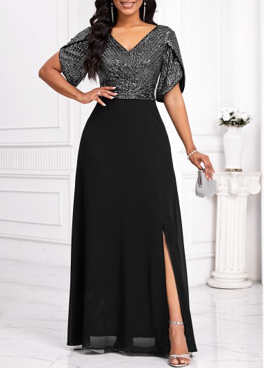 Sequin Black Short Sleeve V Neck Maxi Dress 39$