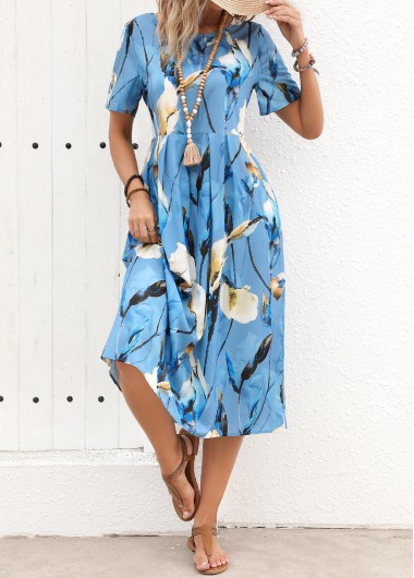 Floral Print Pleated Light Blue Short Sleeve Dress