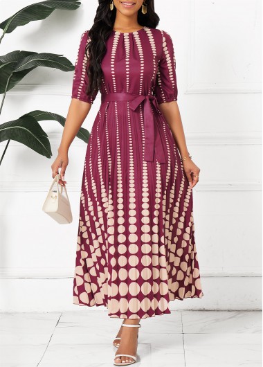 Geometric Print Pleated Belted Dark Reddish Purple Maxi Dress