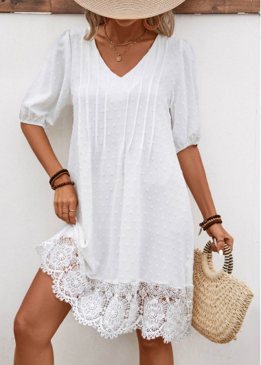 Lace White Half Sleeve V Neck Shift Dress