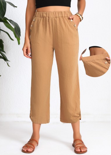 Dark Camel Elastic Waist High Waisted Pocket Pants