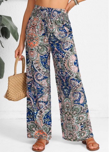 Tribal Print Smocked Blue Elastic Waist High Waisted Pants