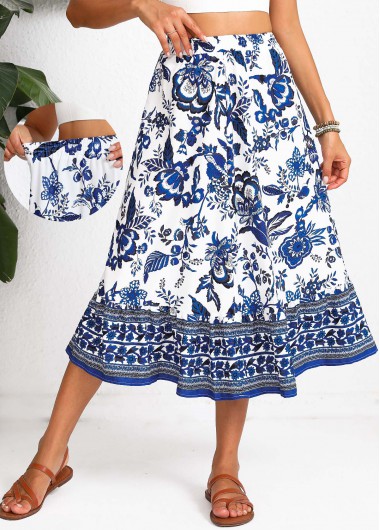 Floral Print Smocked Blue A Line Elastic Waist Skirt 26$