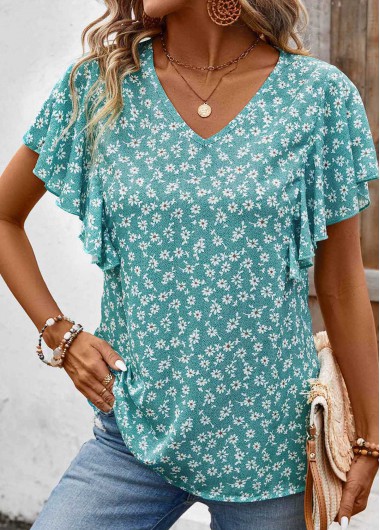 Ditsy Floral Print Ruffle Mint Green Short Sleeve Blouse