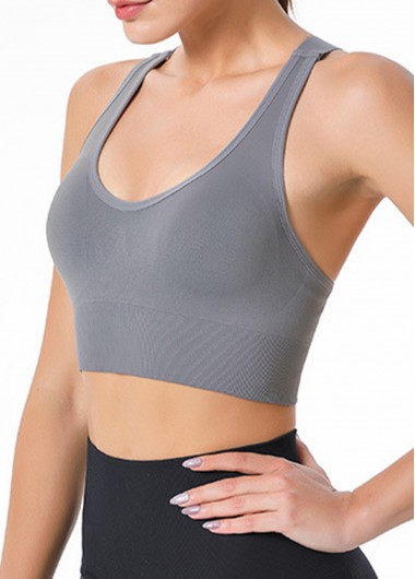 Grey Wide Strap Criss Cross Back Sports Bra