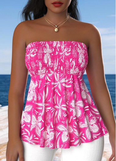 Floral Print Smocked Hot Pink Sleeveless Bandeau Tank Top