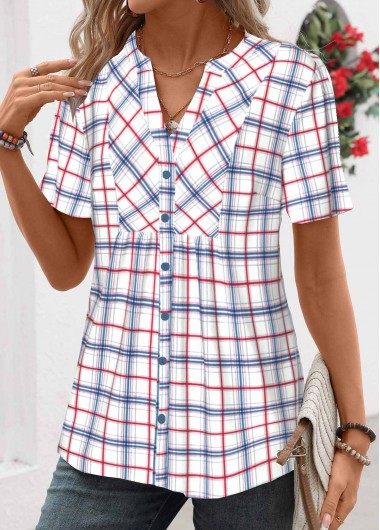 Plaid Patchwork Blue Short Sleeve Split Neck Shirt Plaid Patchwork Blue Short Sleeve Split Neck Shirt