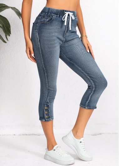 Denim Blue Pocket Elastic Waist High Waisted Jeans