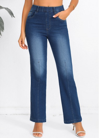 Elastic Waist High Waisted Denim Blue Jeans