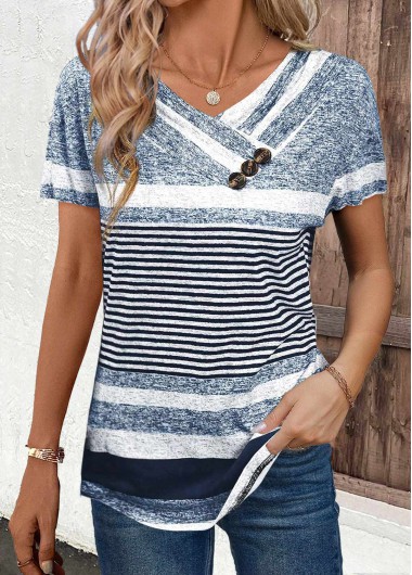 Plus Size Navy Button Striped Short Sleeve T Shirt 33$