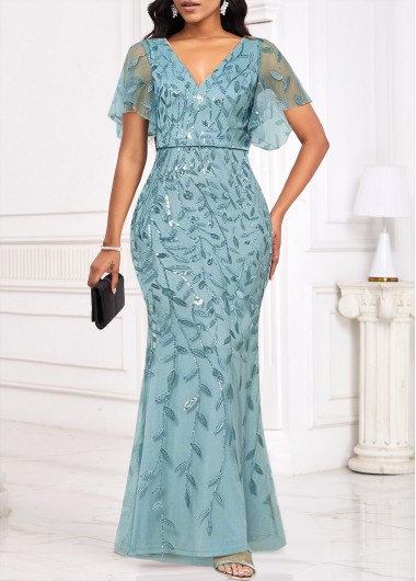 Sequin Light Blue Short Sleeve Bodycon Maxi Dress 44$