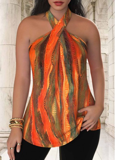 Geometric Print Criss Cross Neon Red Sleeveless Tank Top 24$