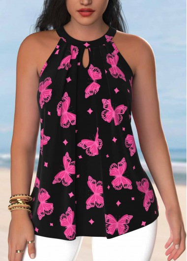 Butterfly Print Cut Out Hot Pink Sleeveless Tank Top 25$