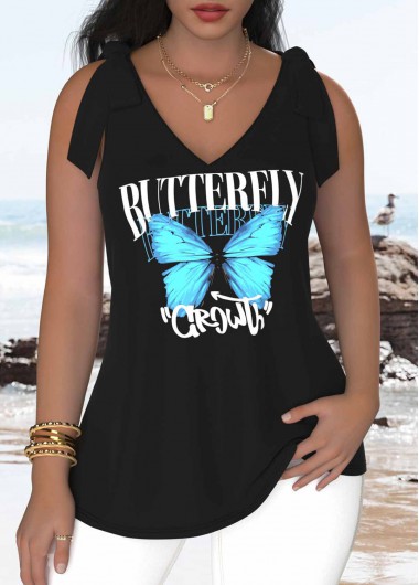Butterfly Print Bowknot Black Sleeveless V Neck Tank Top 29$