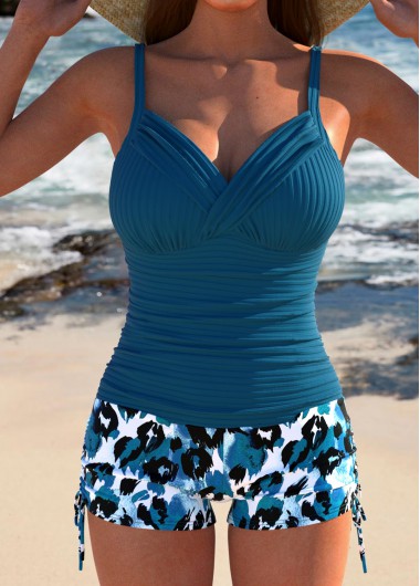 Leopard Ruched Peacock Blue Tankini Set