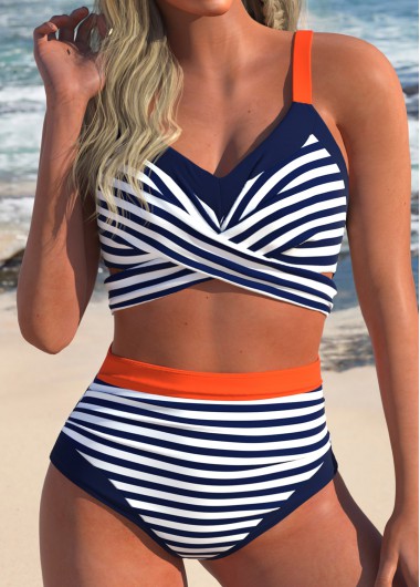 High Waisted Striped Surplice Navy Bikini Set