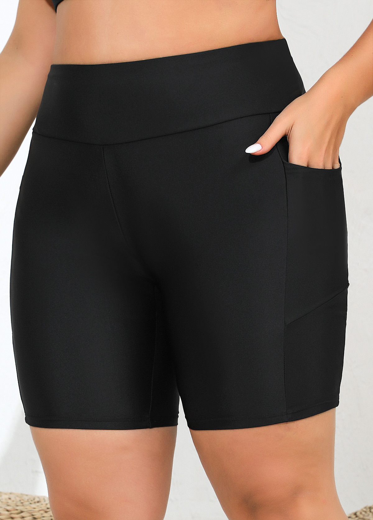 Pocket Plus Size High Waisted Black Skinny Swim Shorts