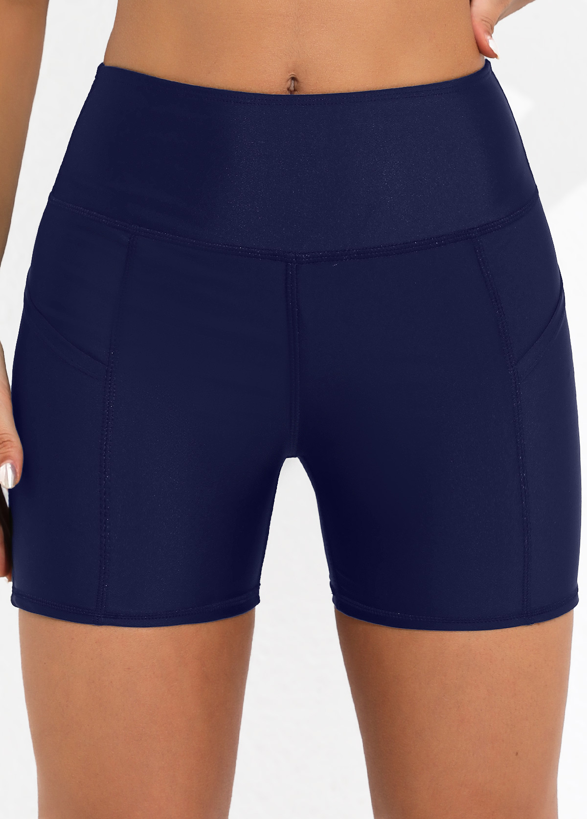 Pocket Detail Navy Blue High Waisted Swim Shorts