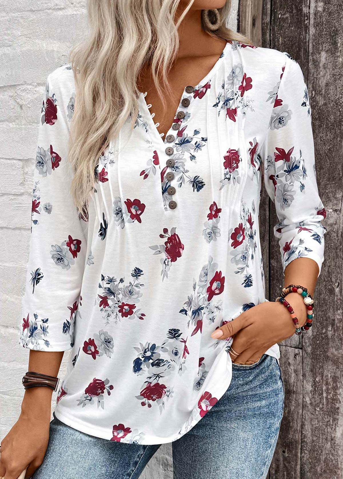 Floral Print Tuck Stitch White 3/4 Sleeve Blouse