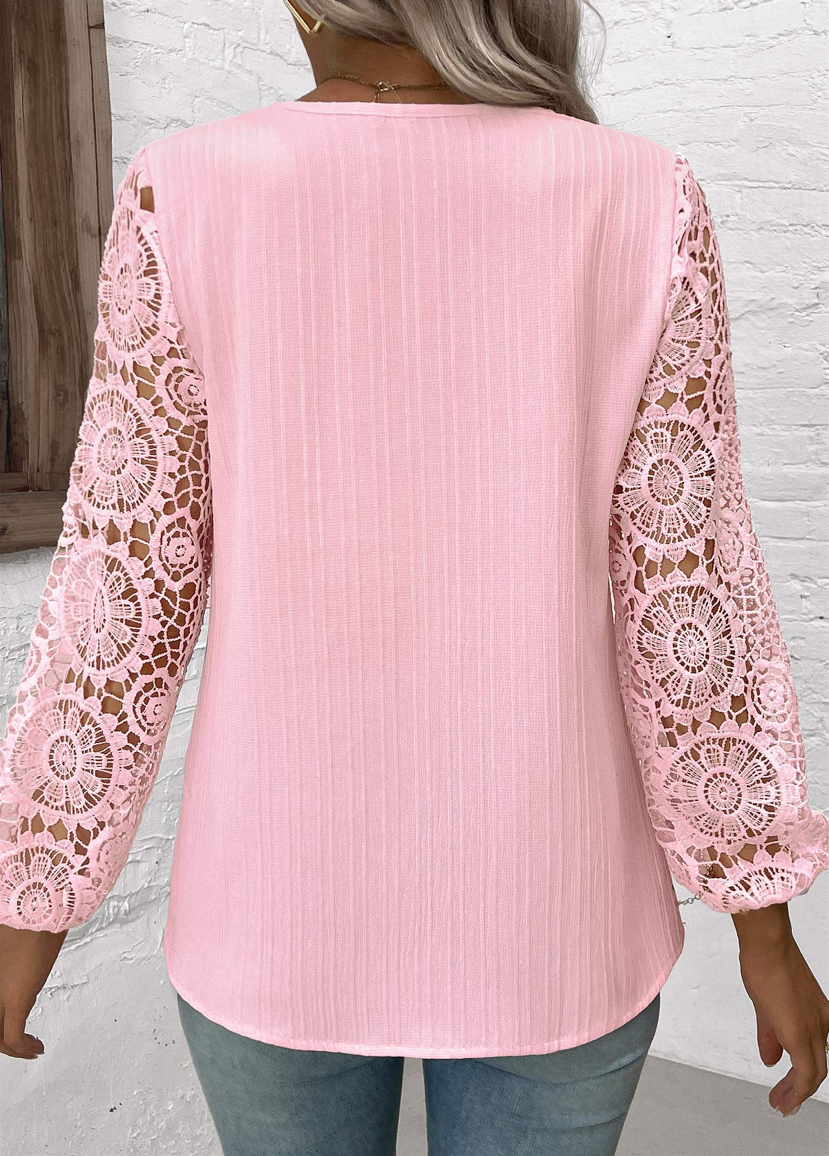 Embroidery Light Pink Long Sleeve V Neck Blouse