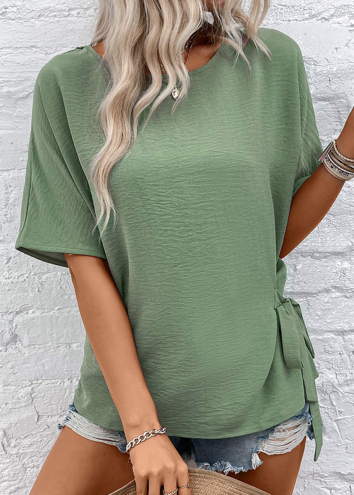 Bowknot Green Half Sleeve Round Neck Blouse