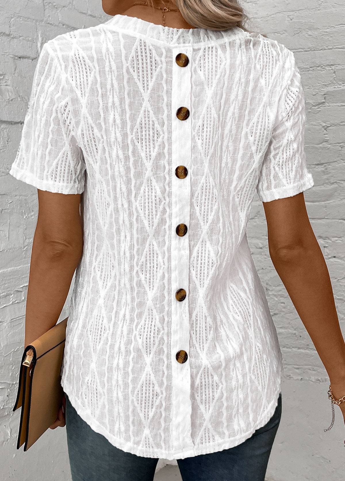 Button White Short Sleeve Round Neck T Shirt