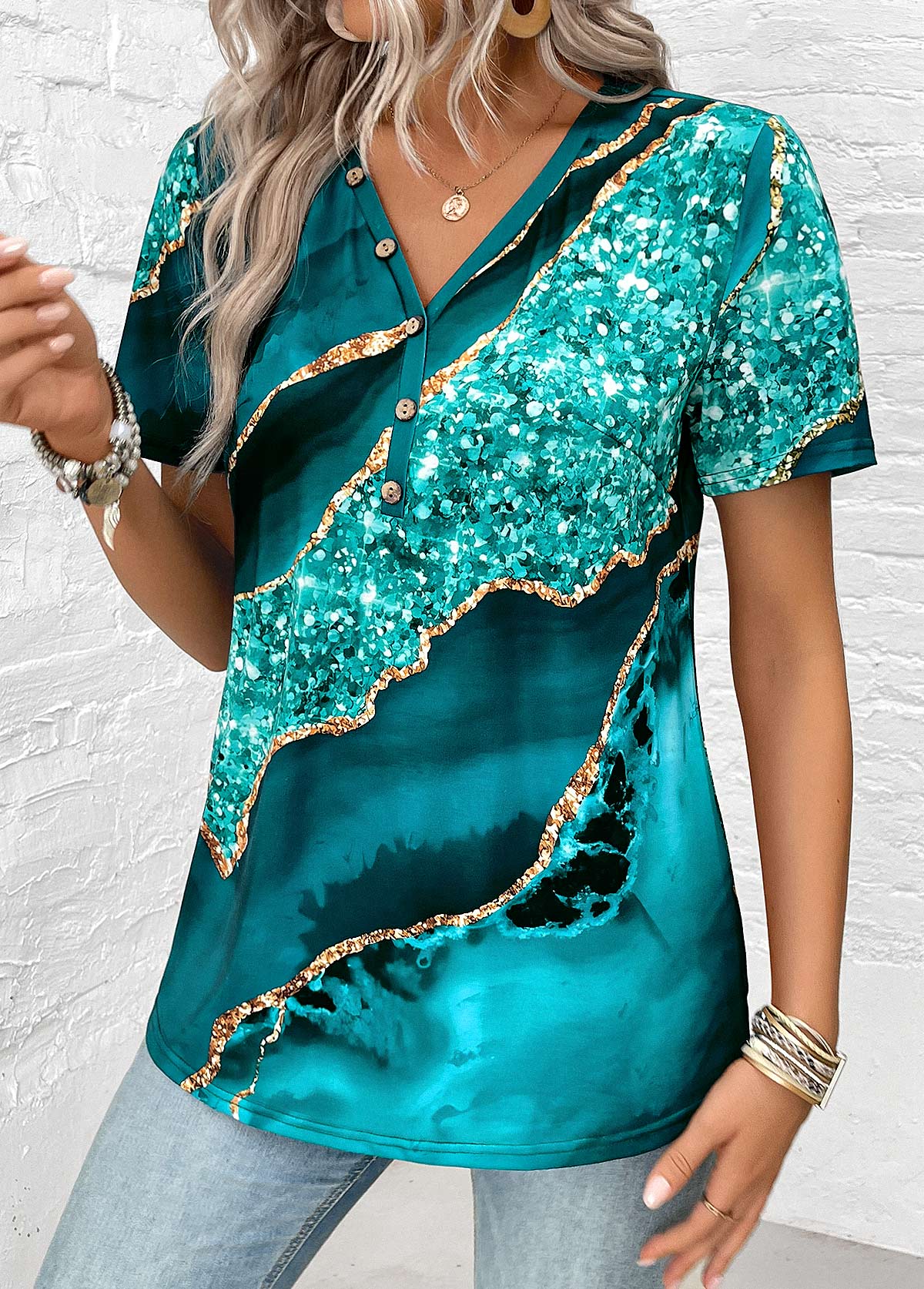 Plus Size Turquoise Button Marble Print T Shirt