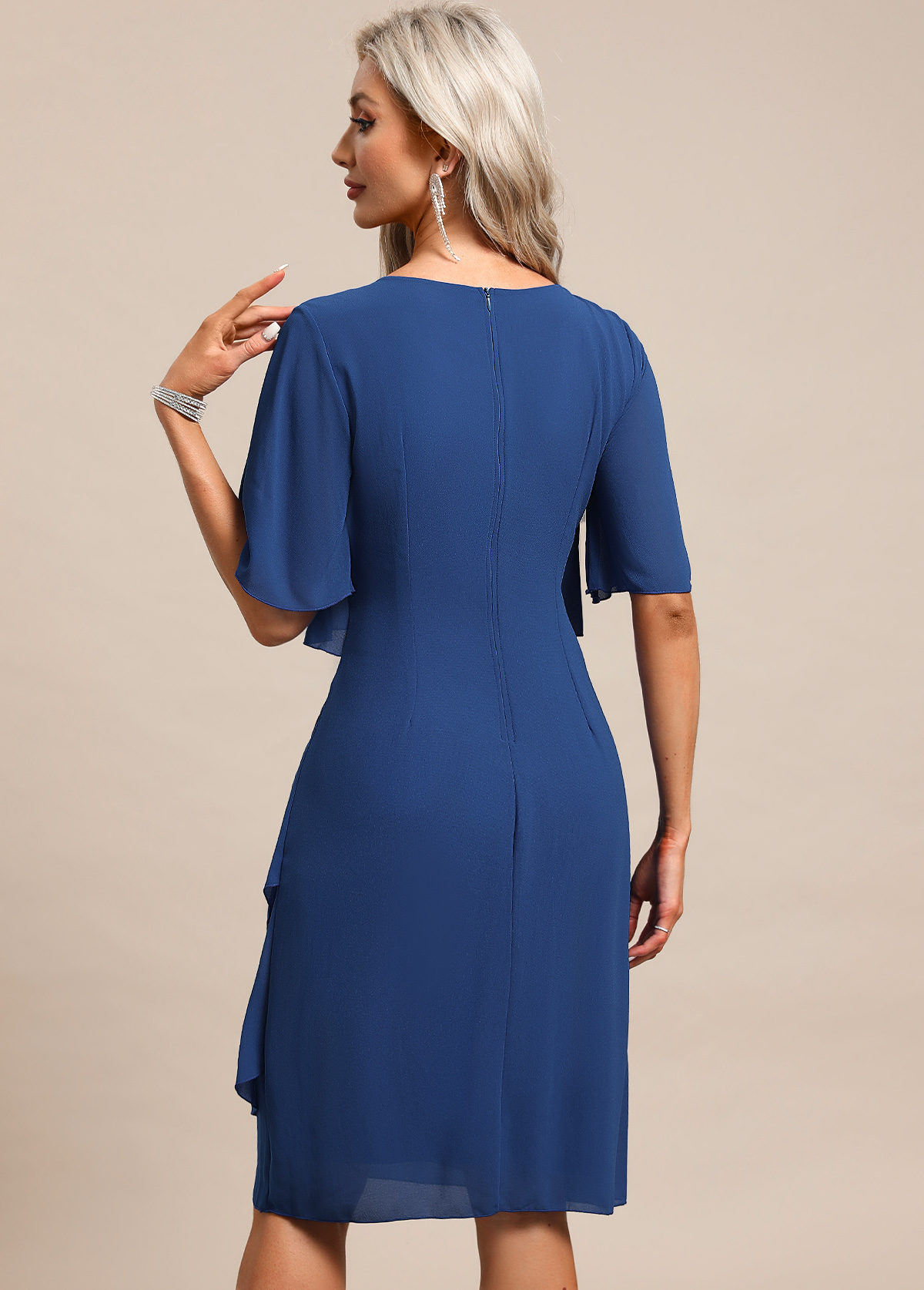 Breathable Blue Half Sleeve Scoop Neck Shift Dress