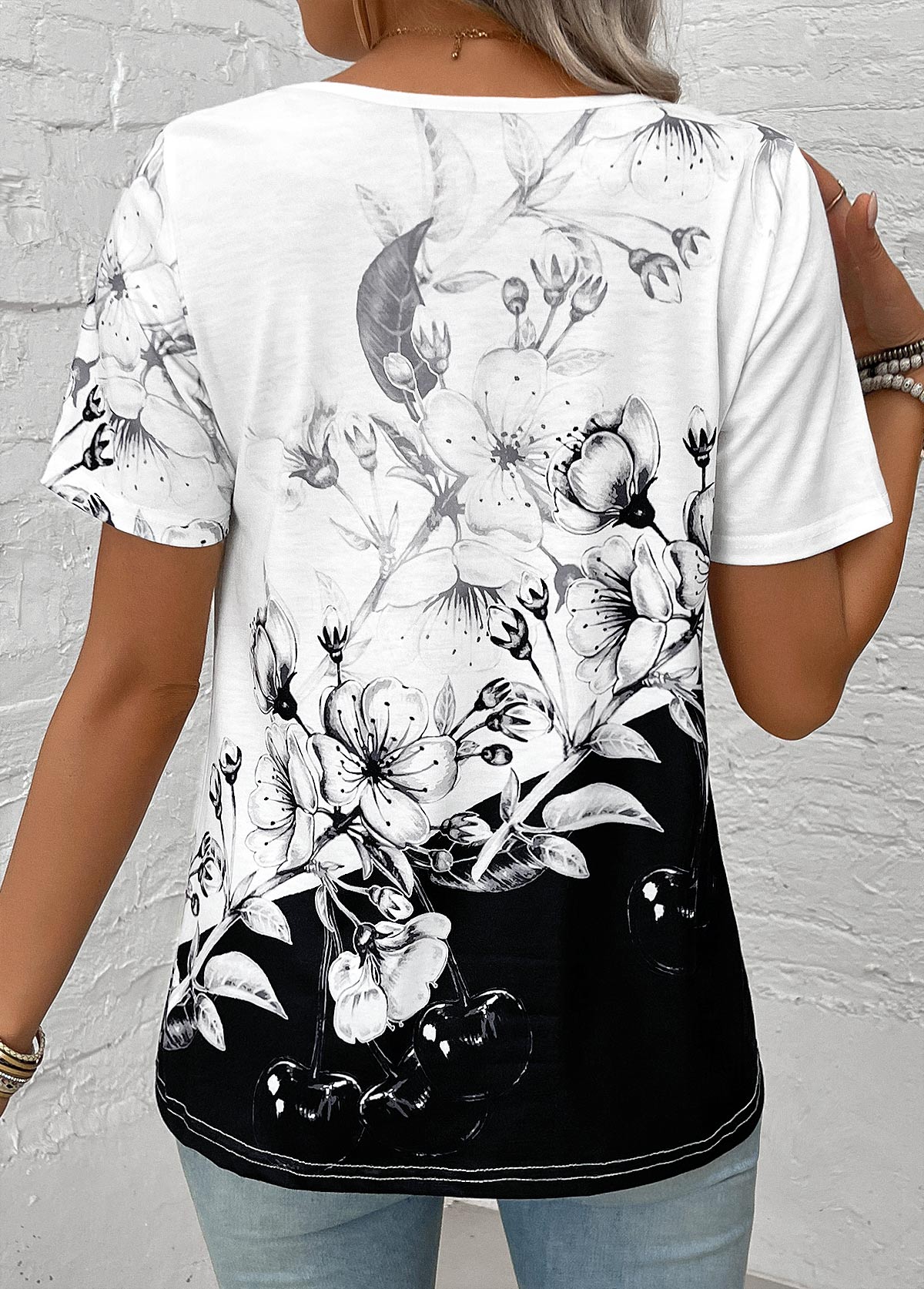 Floral Print Lightweight Black Short Sleeve T Shirt
