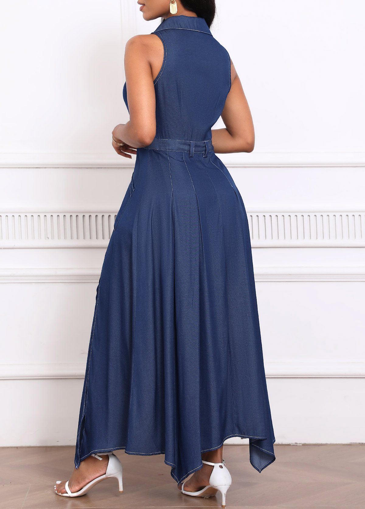 Handkerchief Hem Denim Blue Sleeveless Shirt Collar Maxi Dress | Rosewe ...