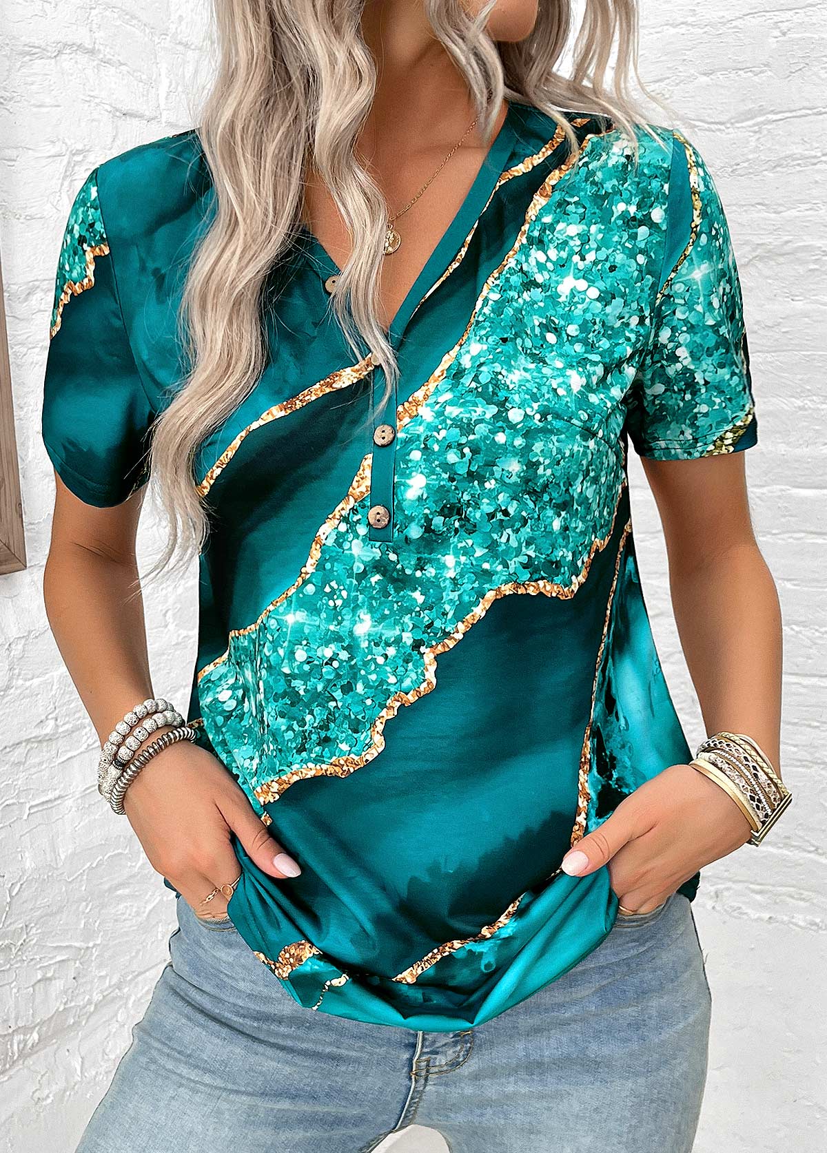 Marble Print Button Turquoise Short Sleeve T Shirt