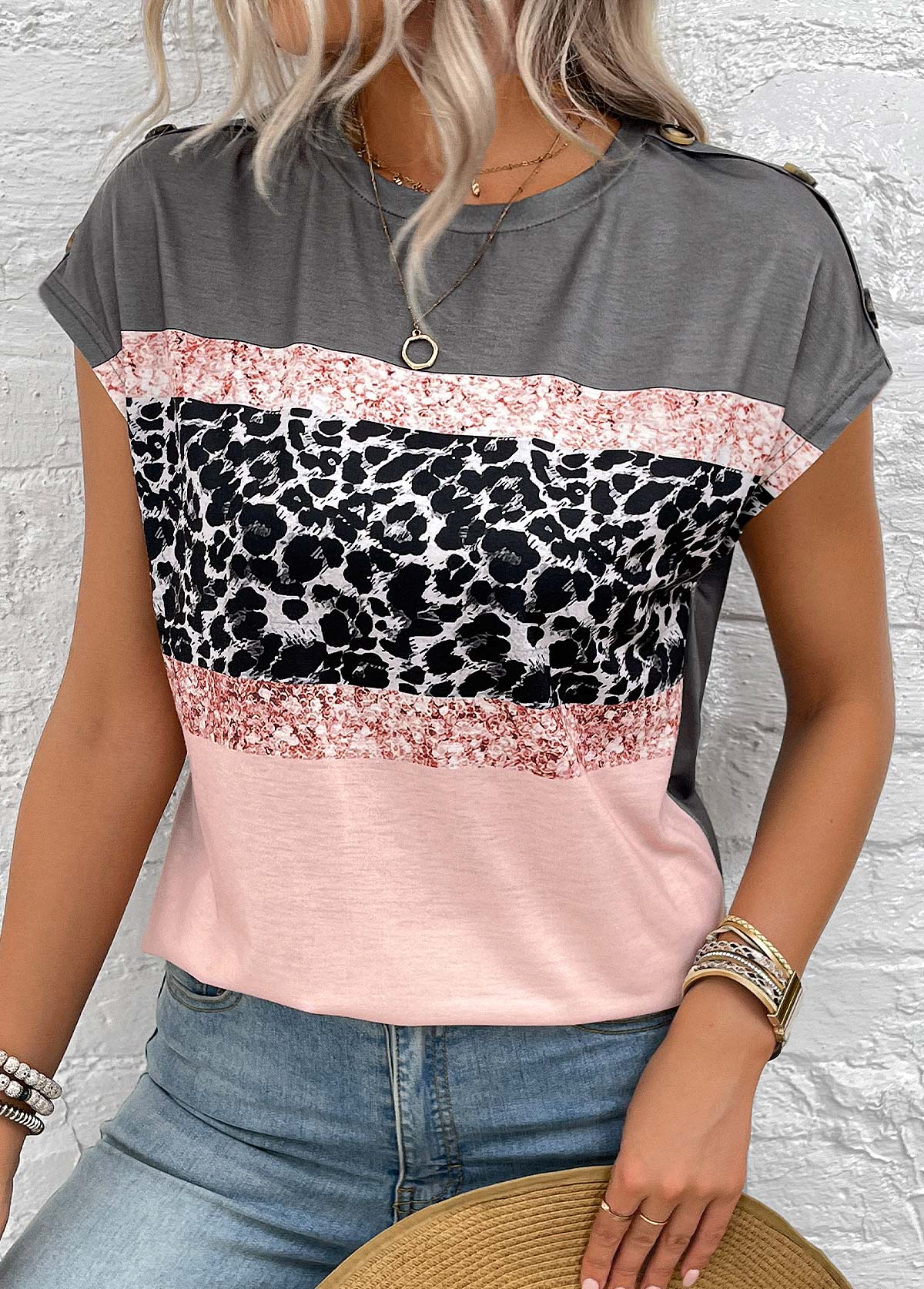 Leopard Button Pink Short Sleeve Round Neck T Shirt