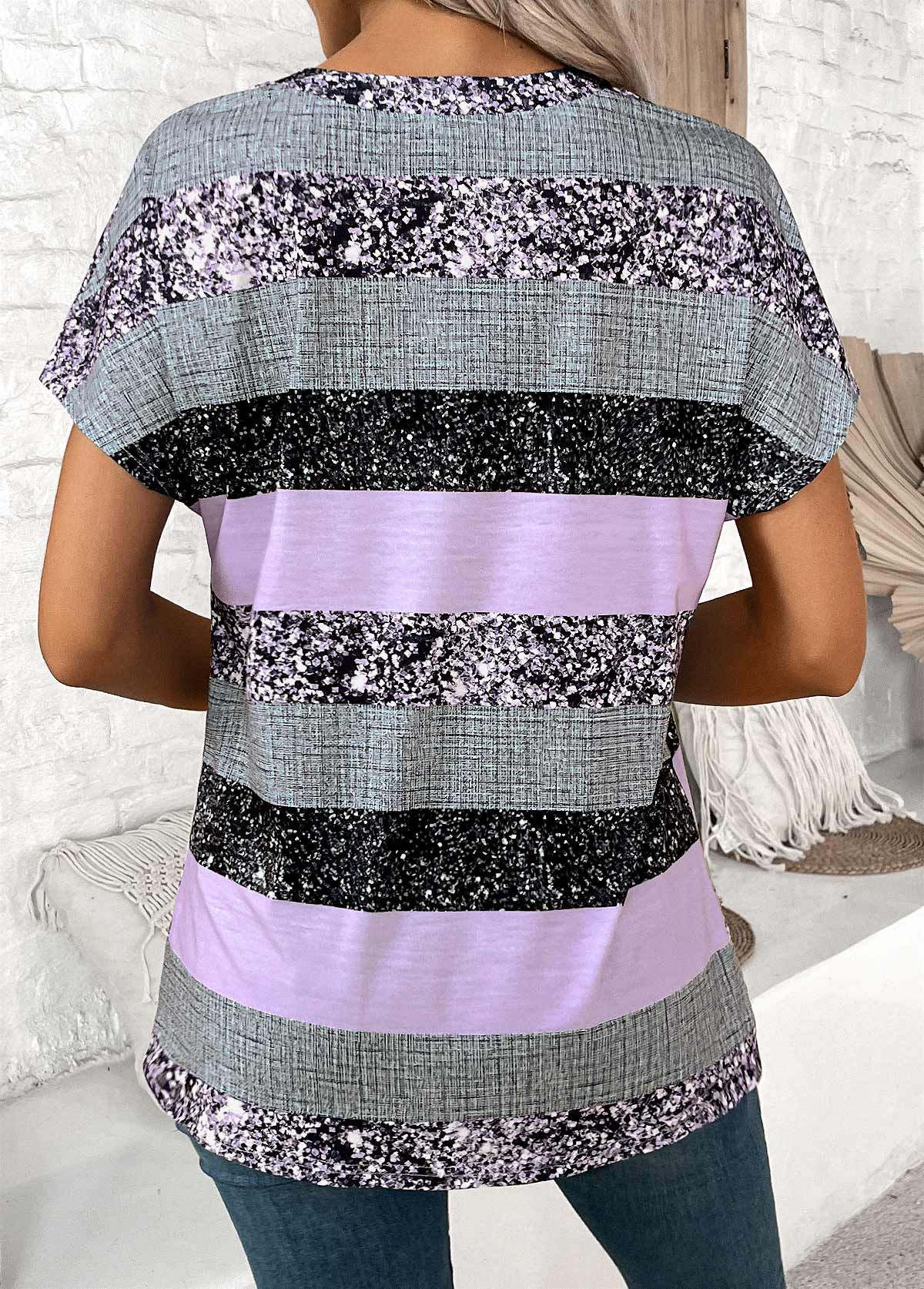 Striped Button Light Purple Short Sleeve Split Neck Blouse