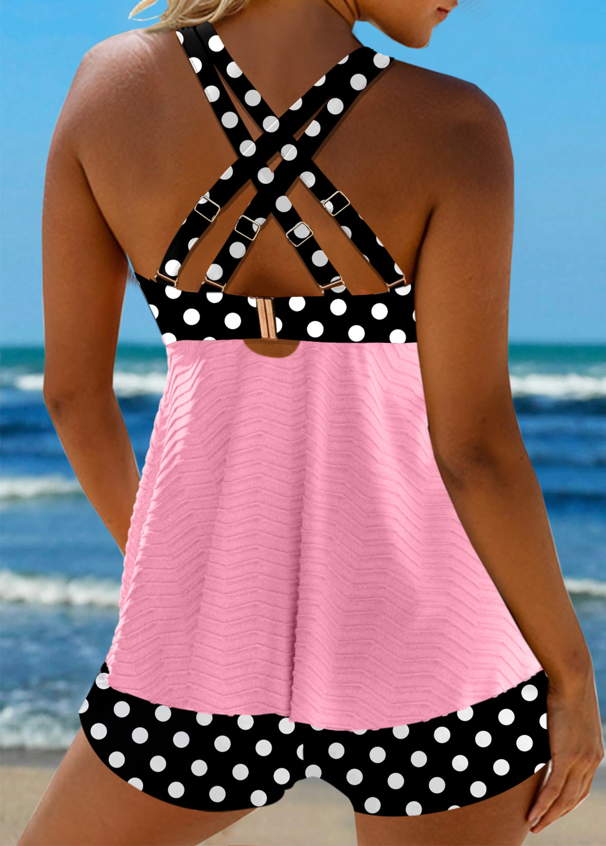 Polka Dot Jacquard Light Pink Tankini Set