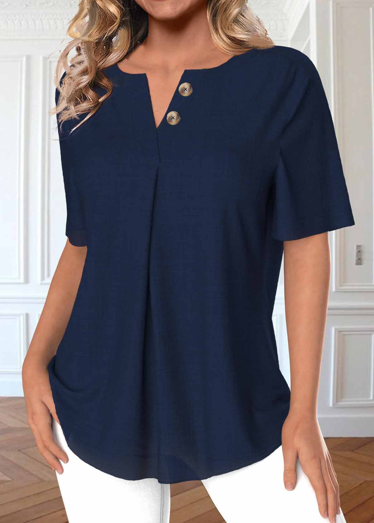Button Navy Short Sleeve Split Neck Blouse