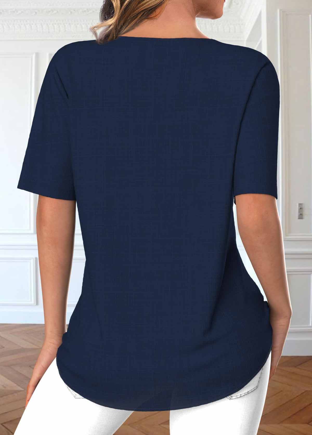 Button Navy Short Sleeve Split Neck Blouse