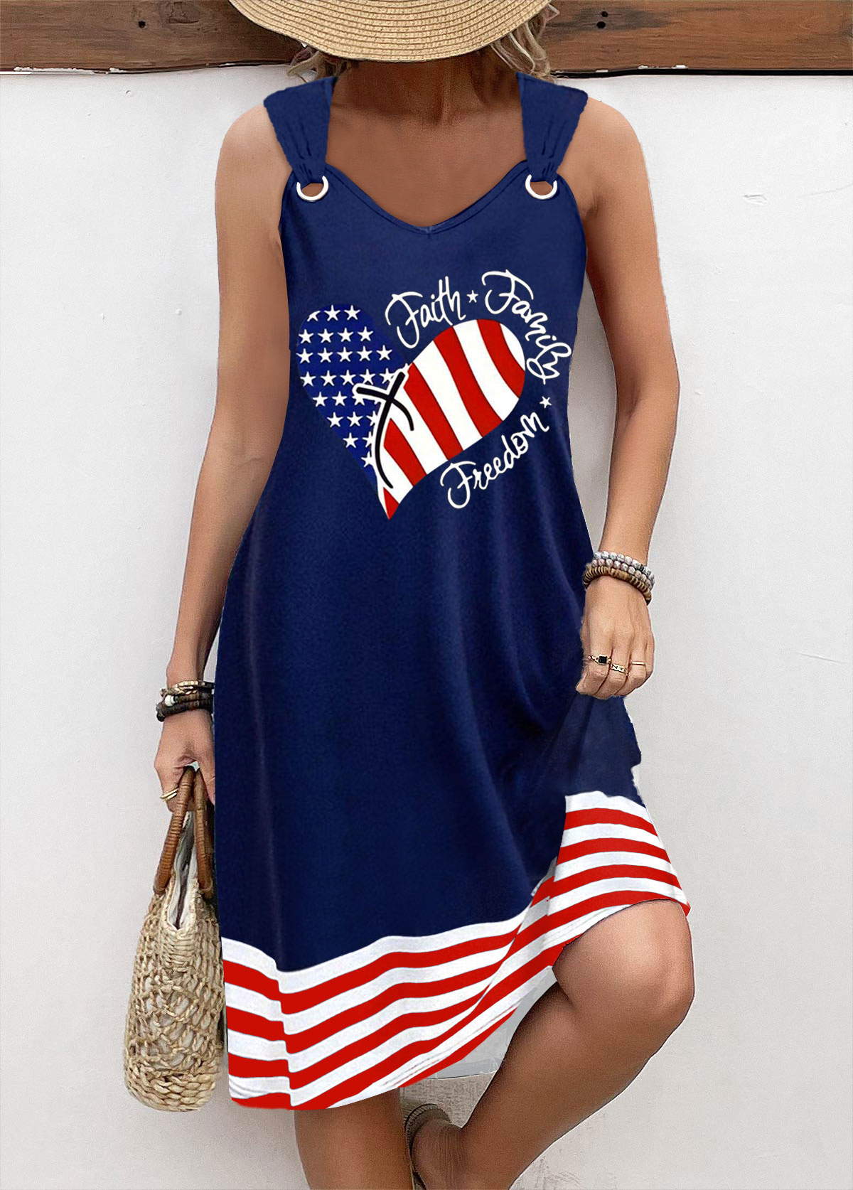 American Flag Plus Size Navy Circular Ring Sleeveless Dress Rosewe