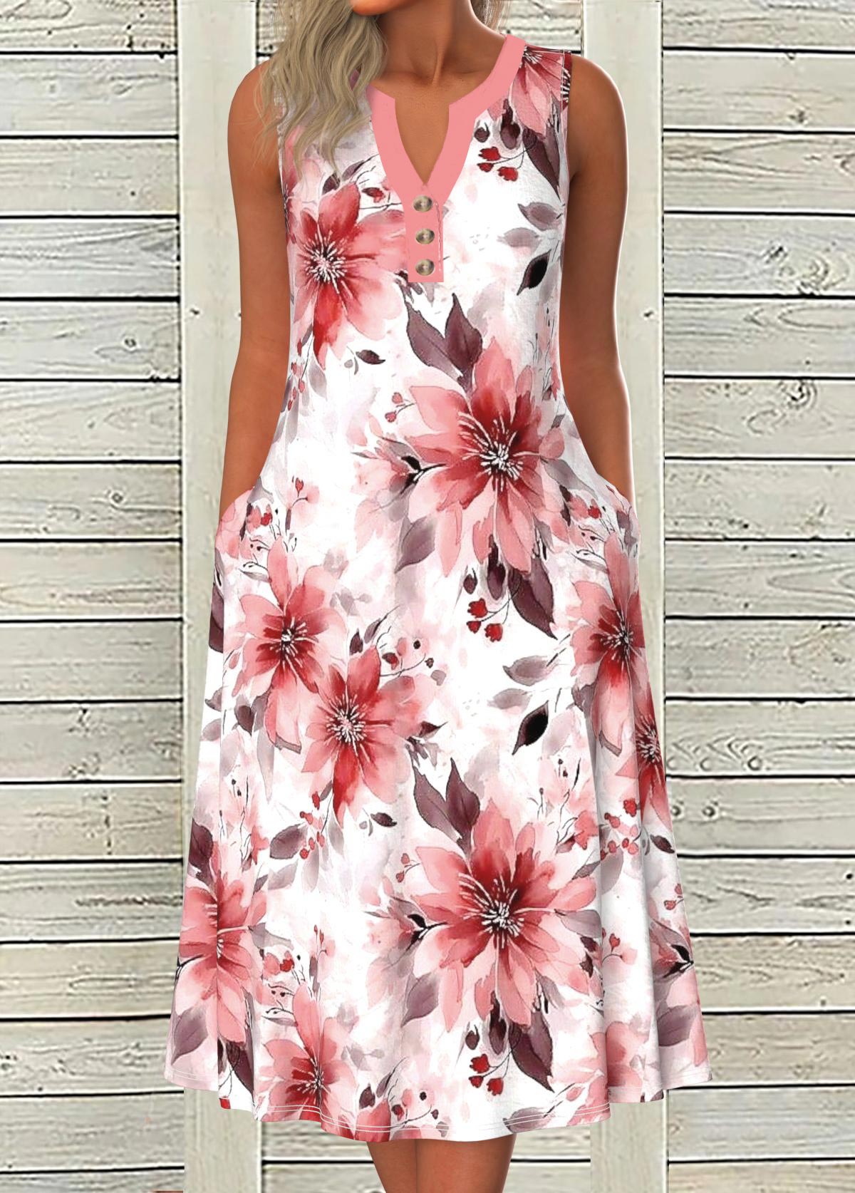 Pressed Flowers Buttoned Pintuck Sleeveless Dress