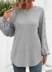 Light Grey Decorative Button Long Sleeve T Shirt