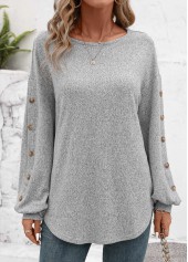 Light Grey Decorative Button Long Sleeve T Shirt